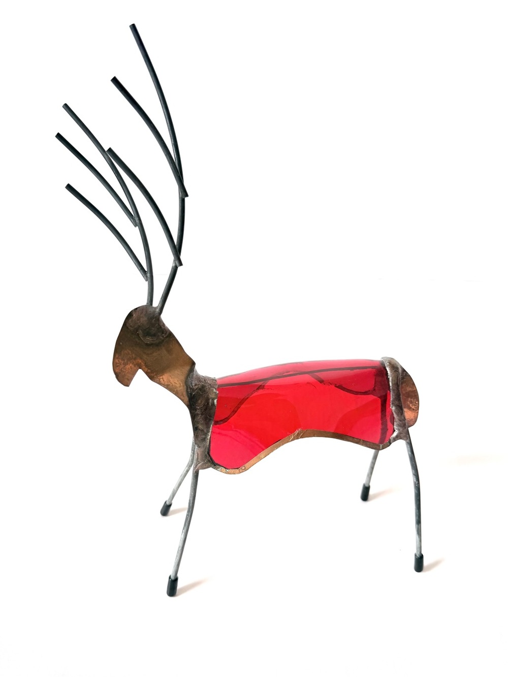 Vintage Mid Century Stained Glass Brass Figurine Reindeer Sculpture 1970s 13"H
